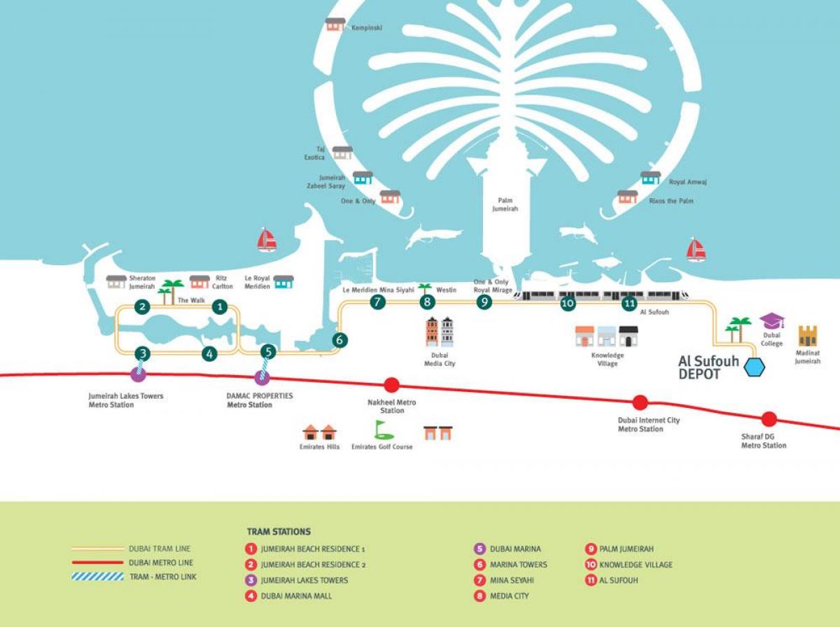 Mapa de las estaciones de tranvía de Dubai